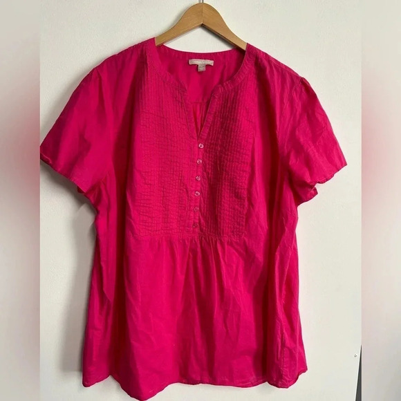 Woman Within Women's 2X (26/28) Pin Tuck Hot Pink Top Cotton Colorful Altered - Picture 3 of 12
